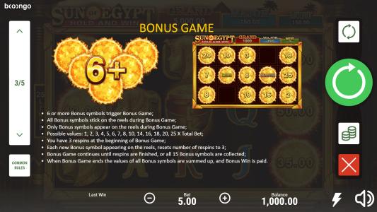 Sun of Egypt Slot Machine Bonus Game Screen