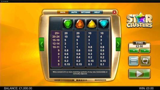 Star Clusters Megaclusters Slot Machine Paytable Screen