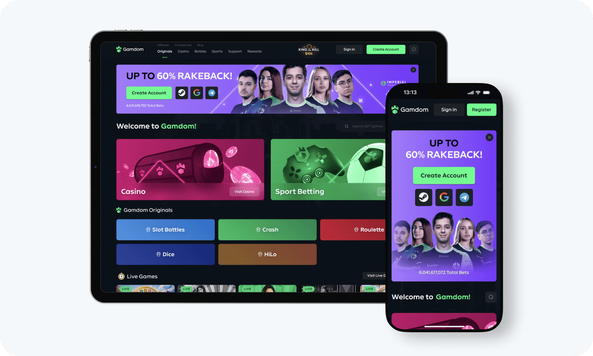 Gamdom Casino interface displayed on a tablet and smartphone