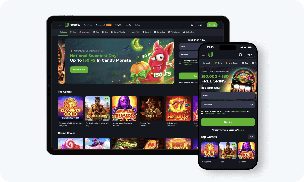 JeetCity Casino interface displayed on a tablet and smartphone