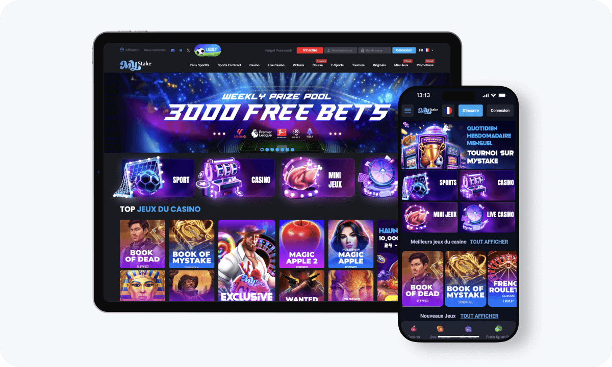 MyStake Casino interface displayed on a tablet and smartphone