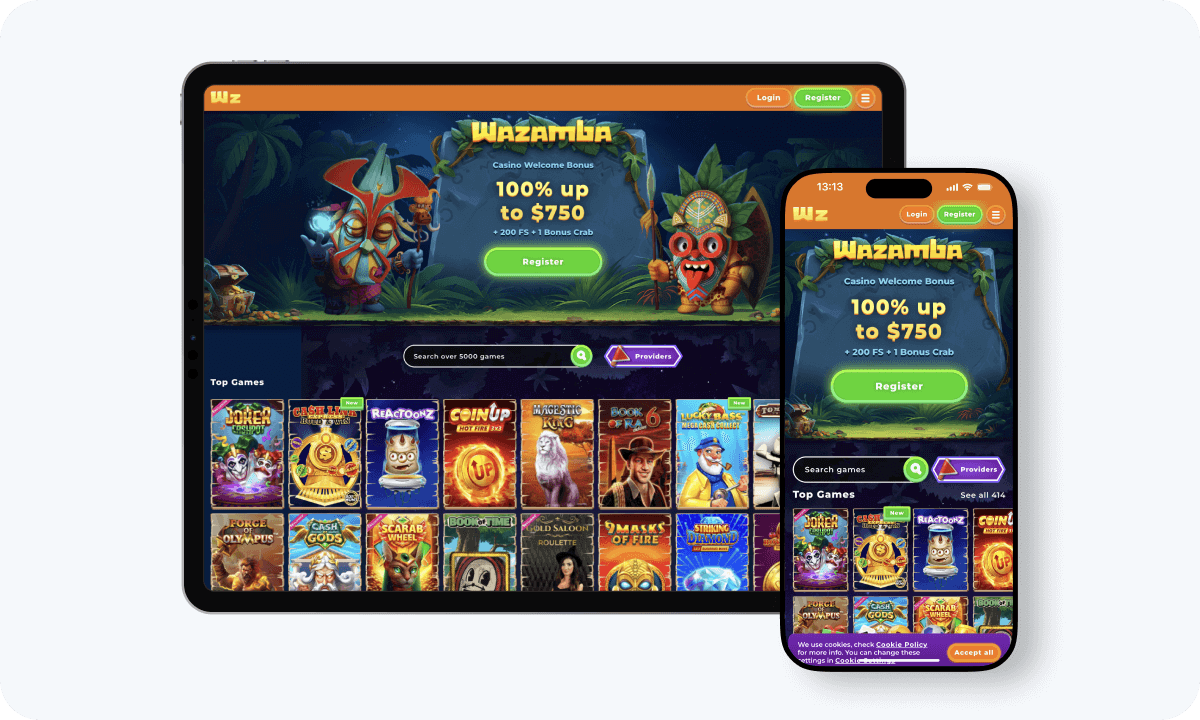 Wazamba Casino interface displayed on a tablet and smartphone