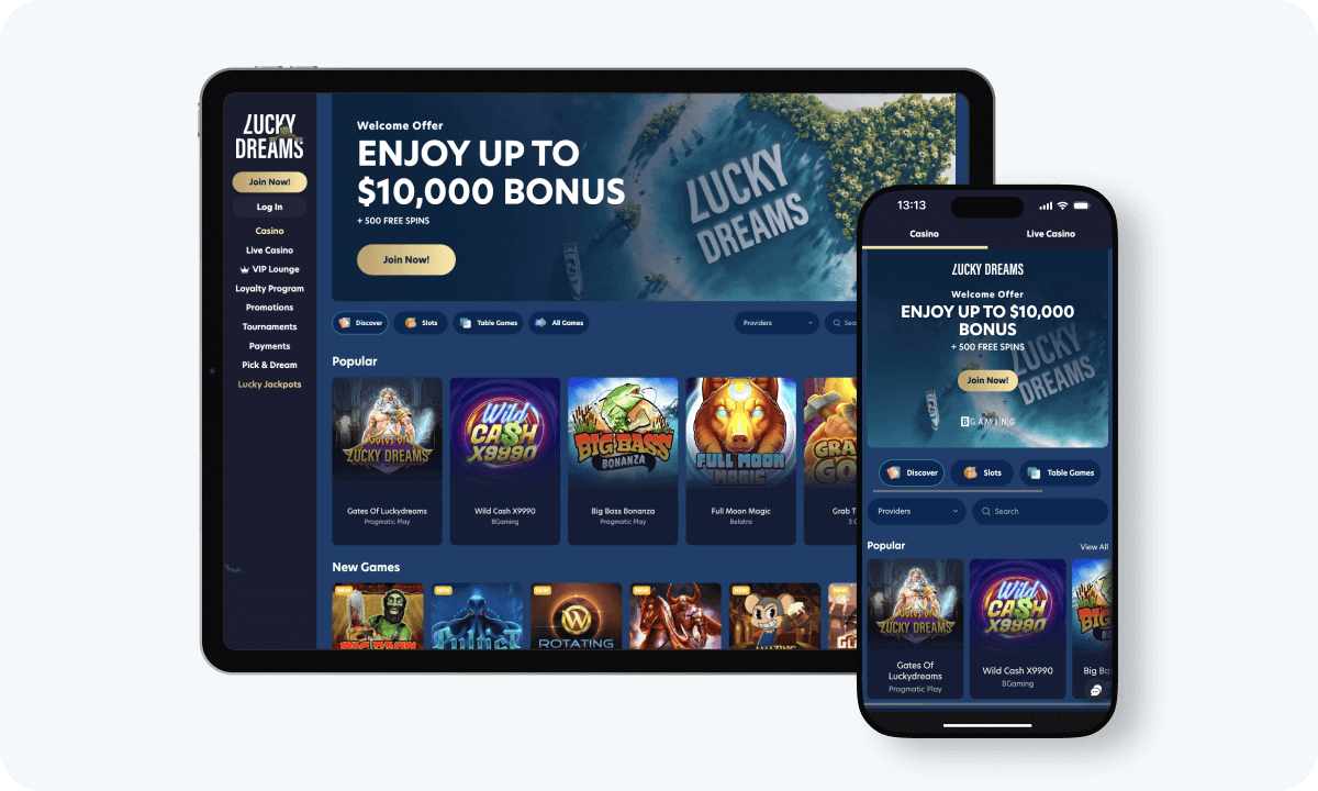 Lucky Dreams Casino interface displayed on a tablet and smartphone