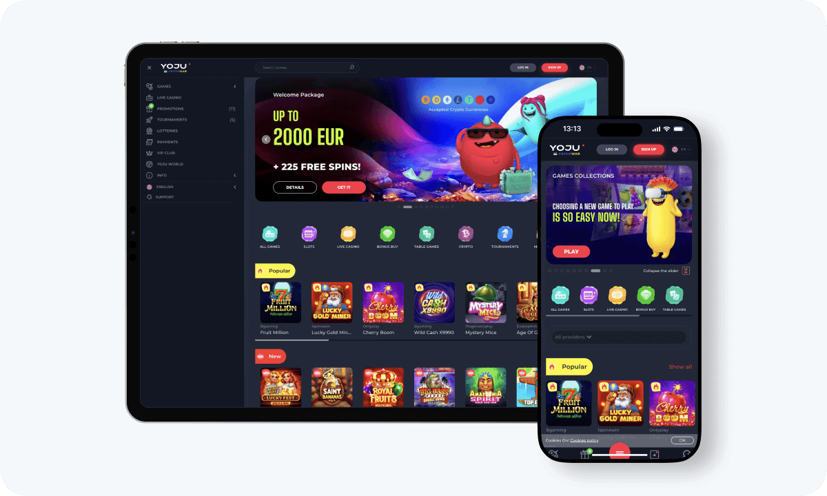 YOJU Casino interface displayed on a tablet and smartphone