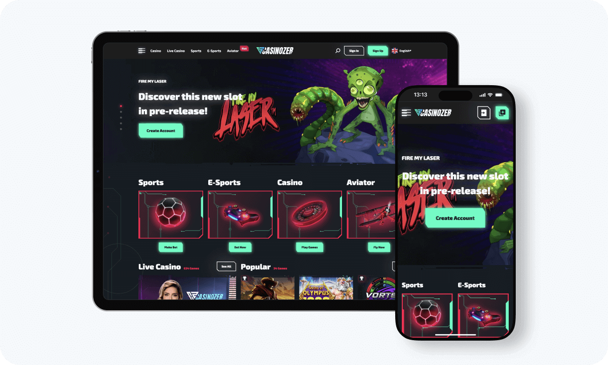 Casinozer interface displayed on a tablet and smartphone