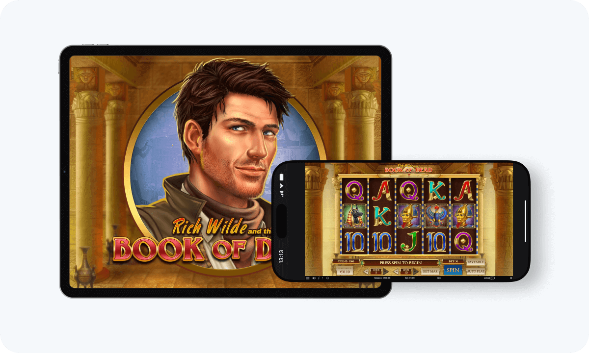 Book of Dead slot interface and logo on tablet and smartphone
