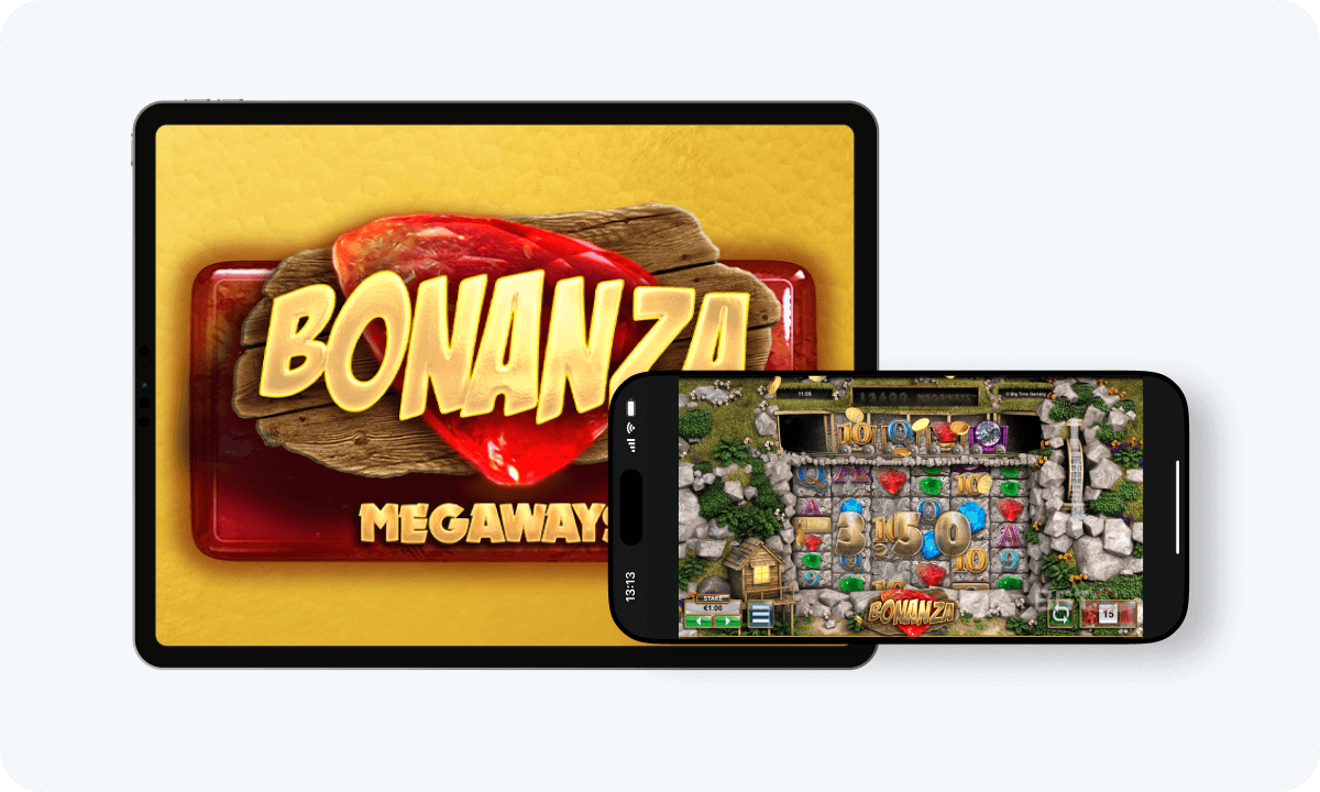 Bonanza Megaways slot interface and logo on tablet and smartphone