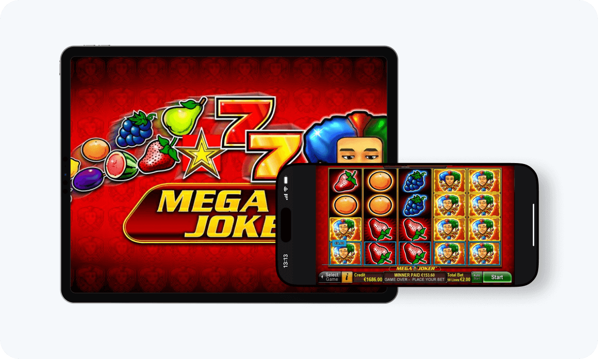 Mega Joker slot interface and logo on tablet and smartphone