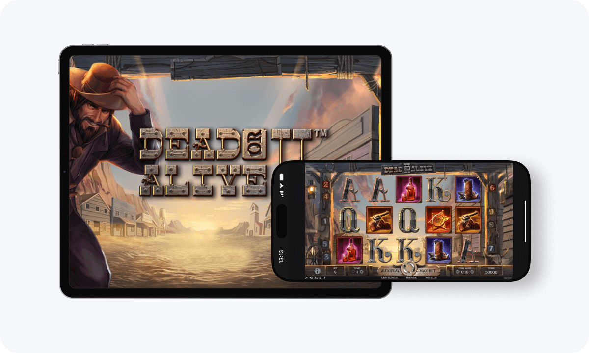 Dead or Alive slot interface and logo on tablet and smartphone