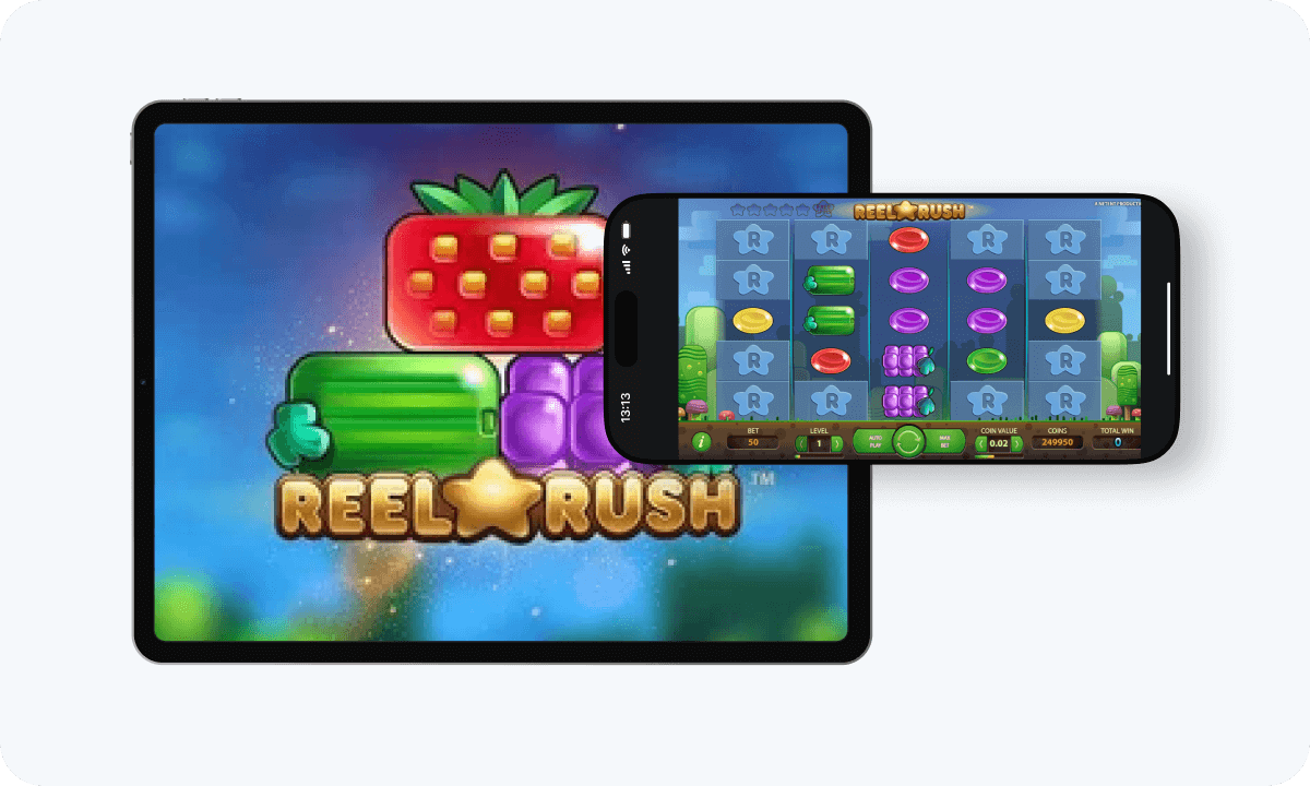  Reel Rush slot interface and logo on tablet and smartphone