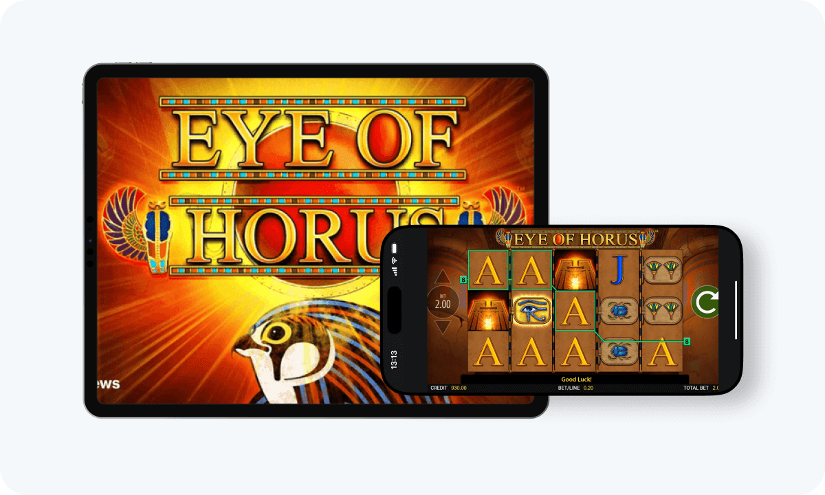 Eye of Horus slot interface and logo on tablet and smartphone