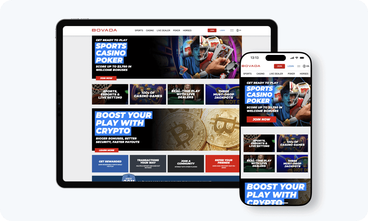 Bovada Casino interface displayed on a tablet and smartphone