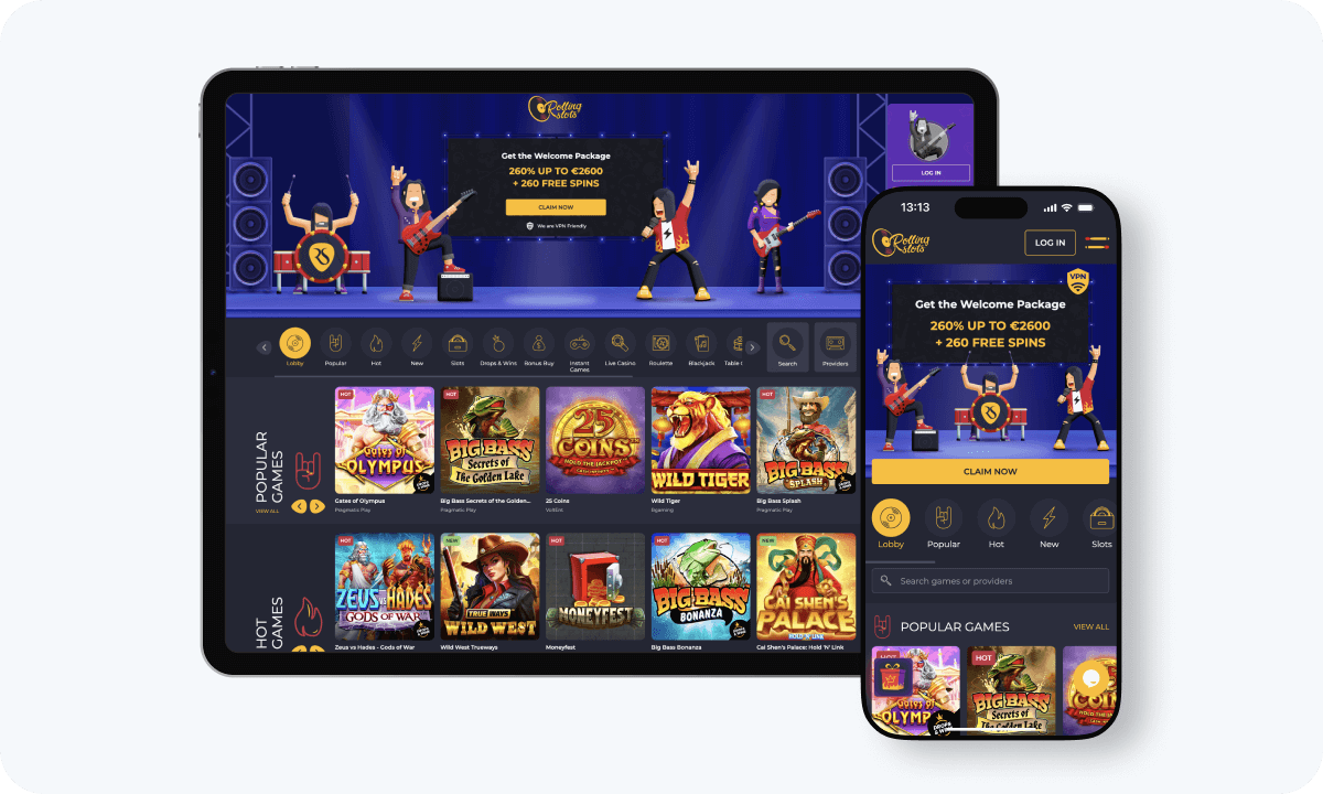 Rolling Slots interface displayed on a tablet and smartphone