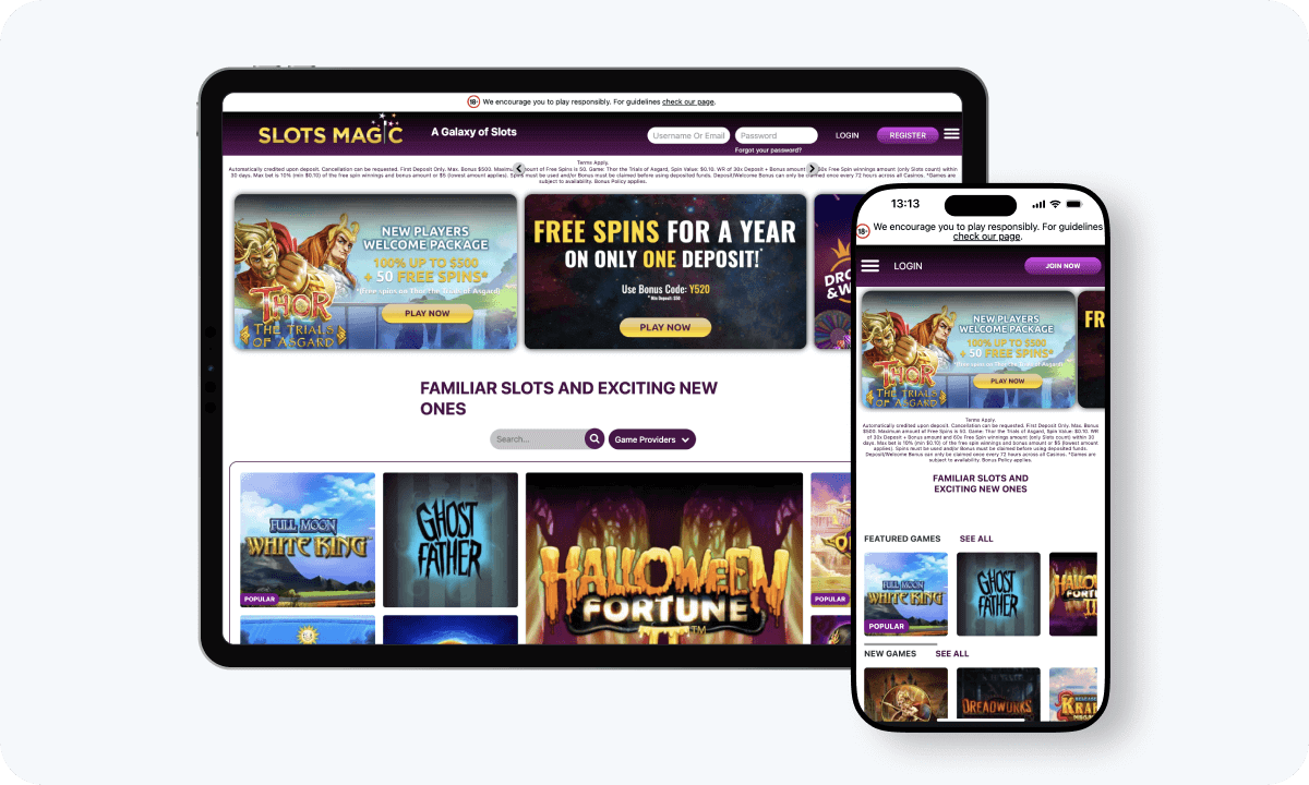 Slots Magic Casino interface displayed on a tablet and smartphone