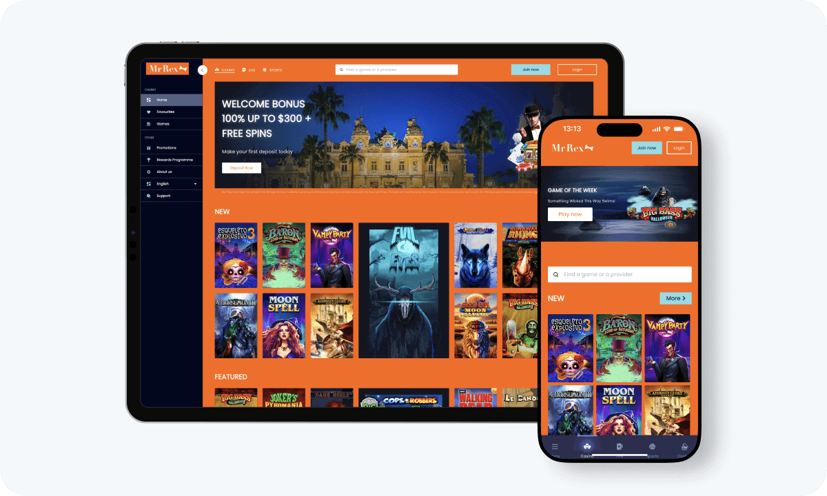 Mr Rex Casino interface displayed on a tablet and smartphone