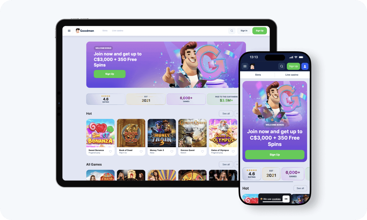 Goodman Casino interface displayed on a tablet and smartphone