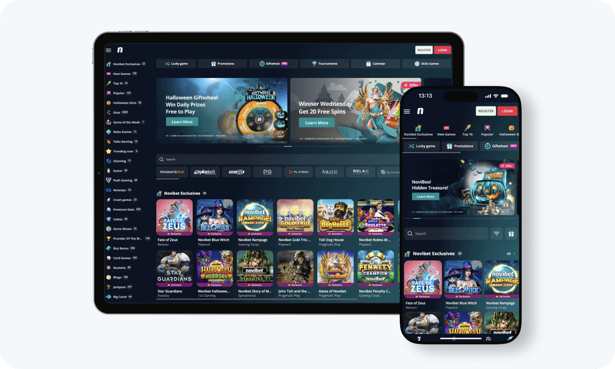 Novibet Casino interface displayed on a tablet and smartphone