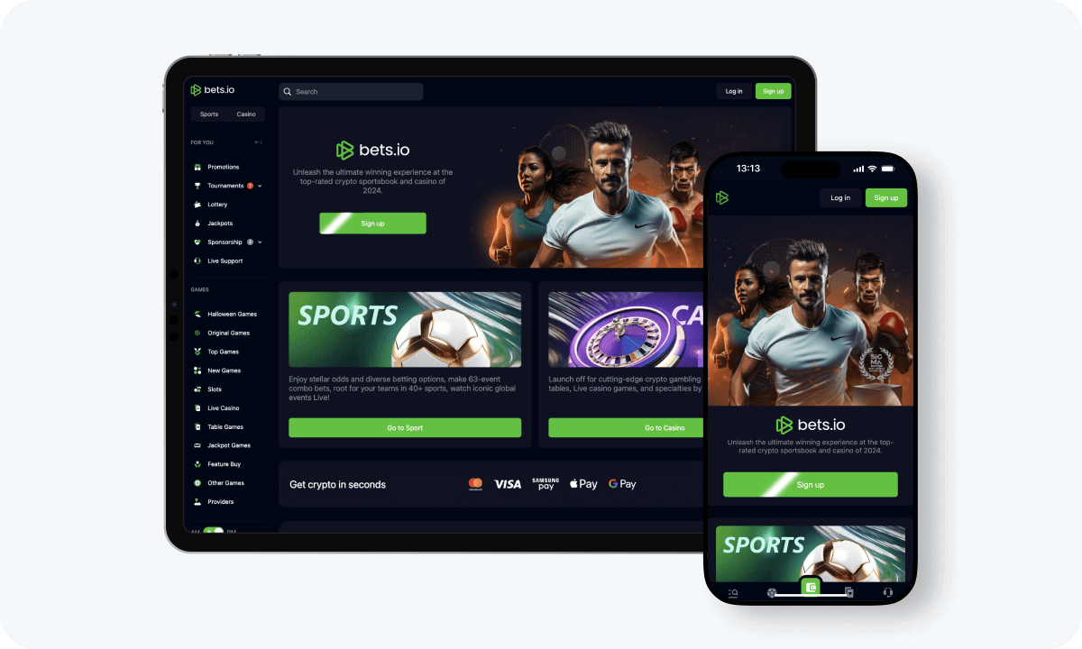 Bets.io casino interface displayed on a tablet and smartphone