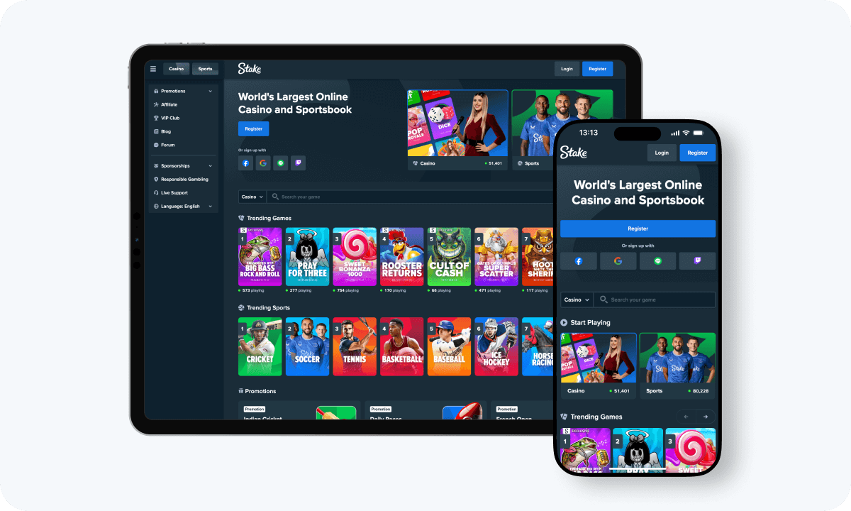 Stake.us interface displayed on a tablet and smartphone