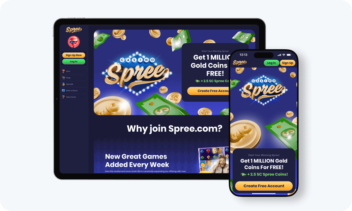 Spree Casino interface displayed on a tablet and smartphone