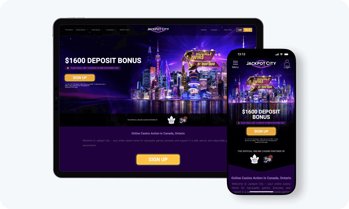 Jackpot City Casino interface displayed on a tablet and smartphone