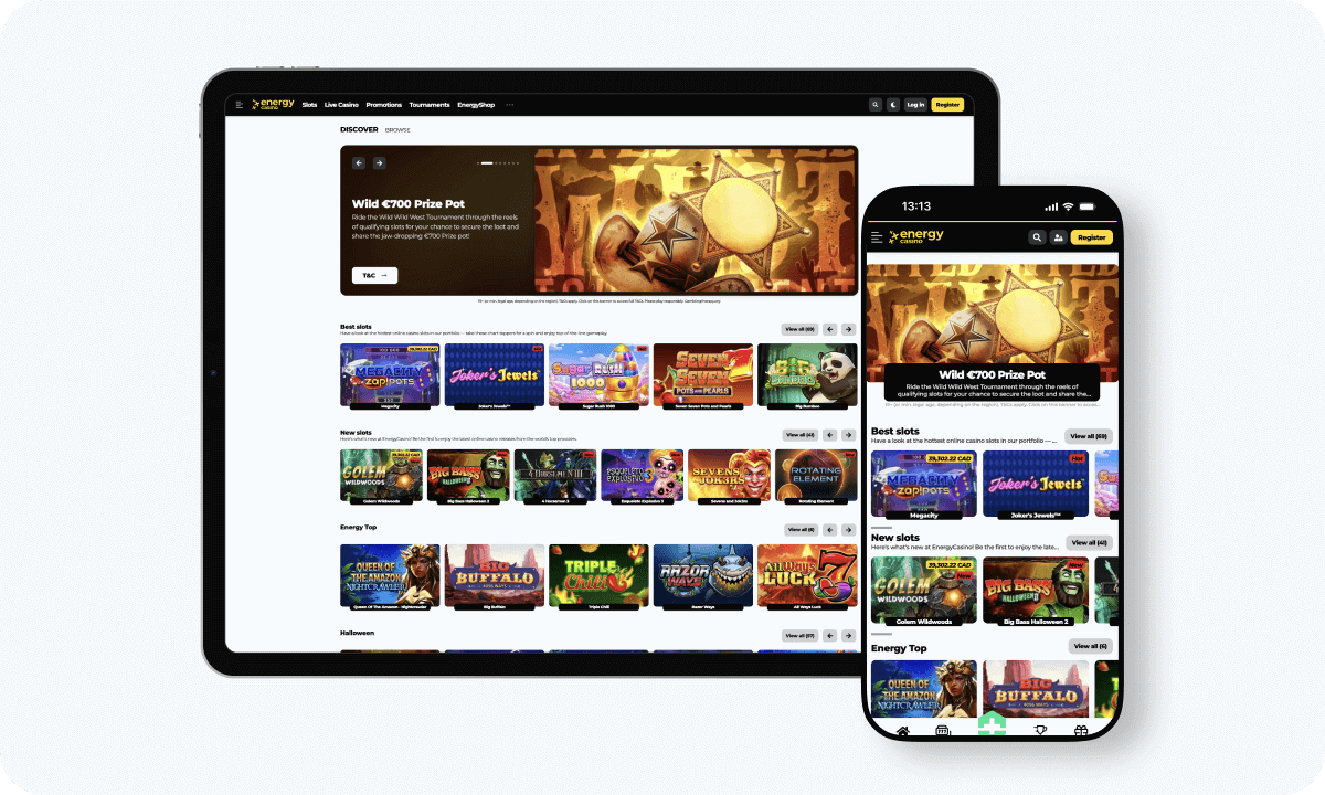 Energy Casino interface displayed on a tablet and smartphone