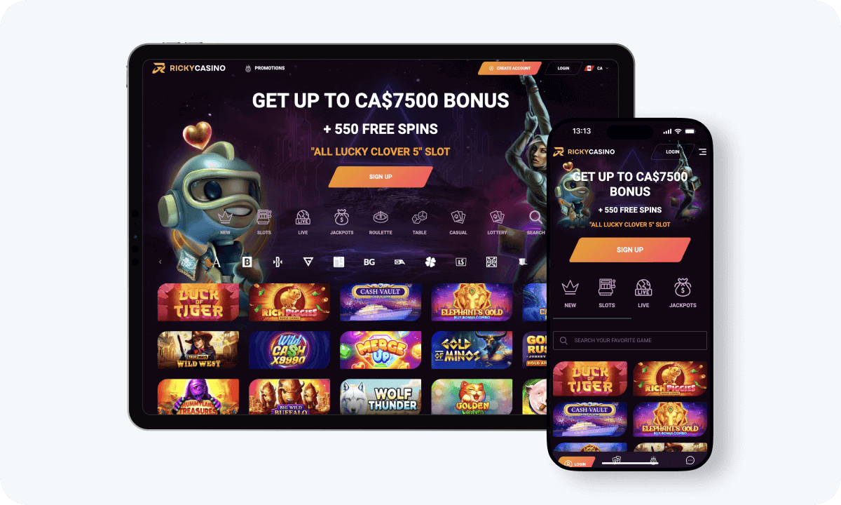 Rickycasino interface displayed on a tablet and smartphone