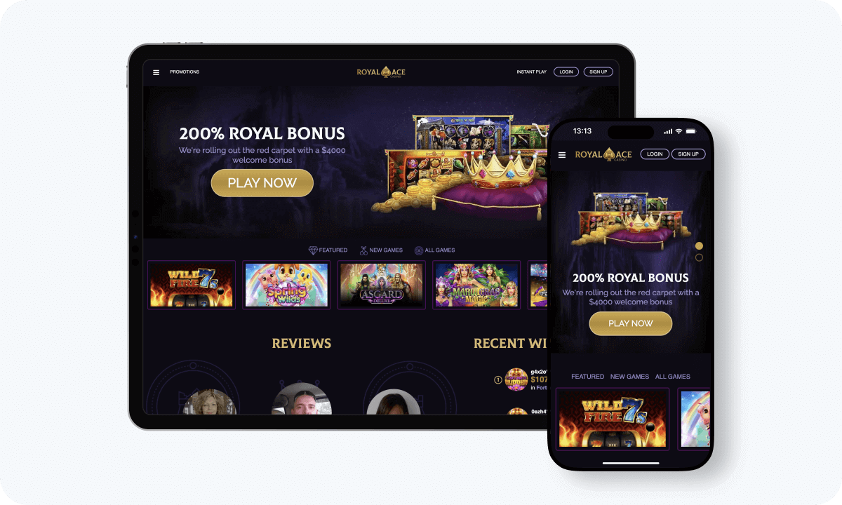 Royal Ace Casino interface displayed on a tablet and smartphone