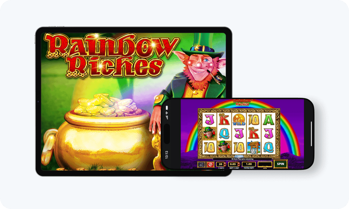 Rainbow Riches slot interface and logo on tablet and smartphone