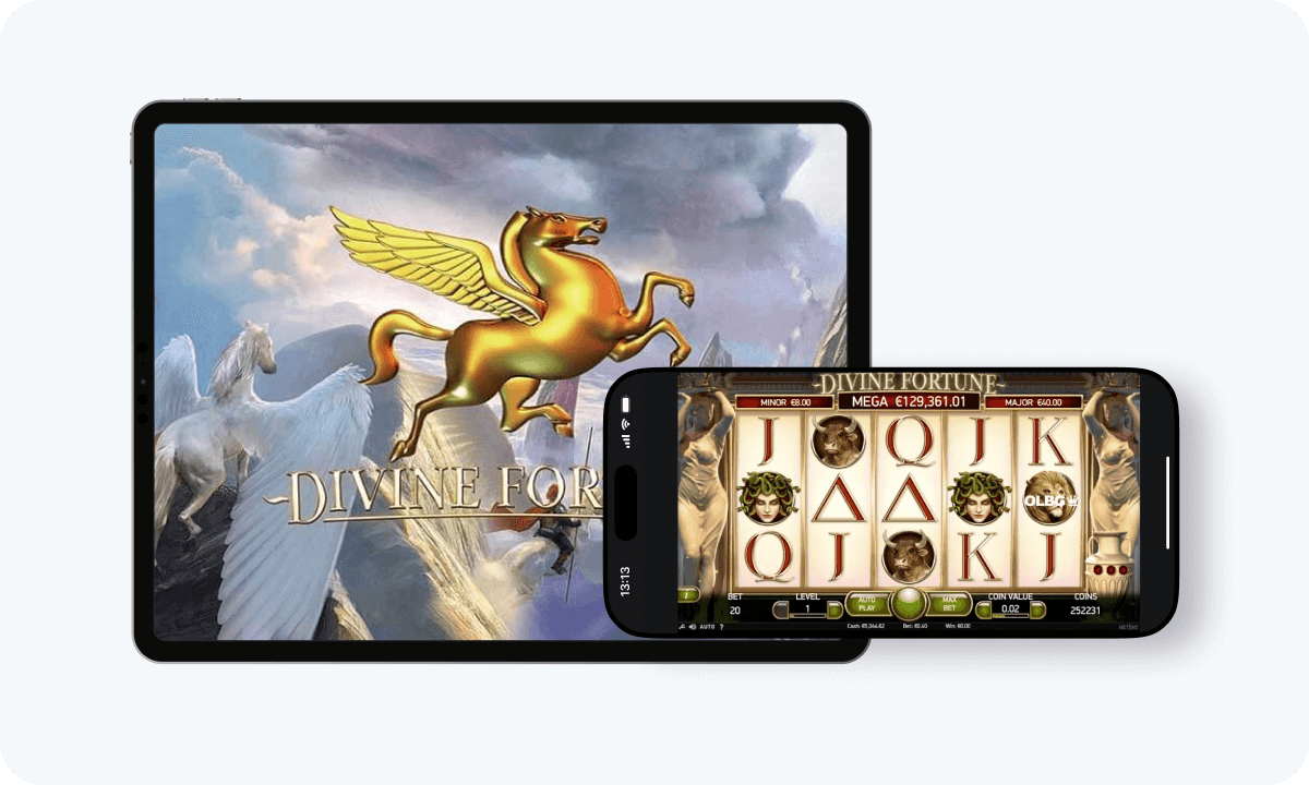 Divine Fortune slot interface and logo on tablet and smartphone