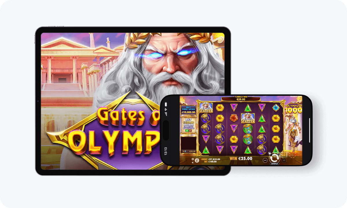 Gates Of Olympus slot interface and logo on tablet and smartphone