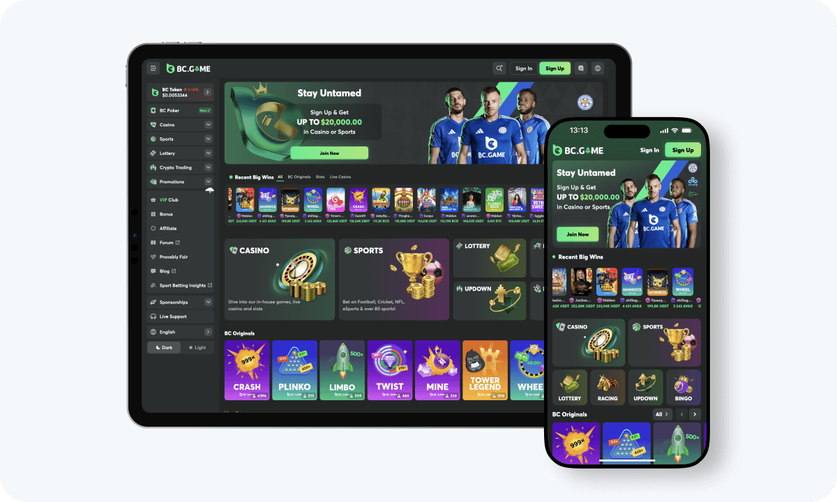 BC.Game Casino interface displayed on a tablet and smartphone