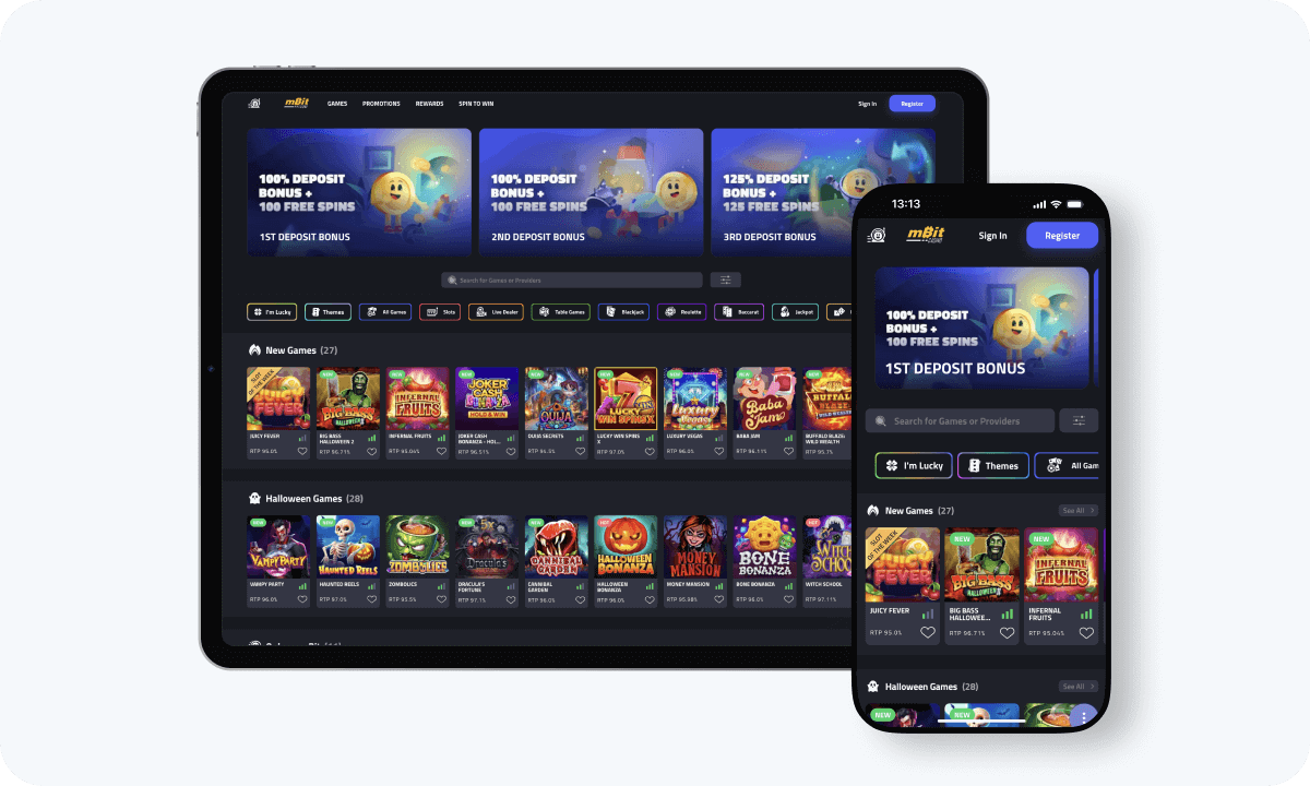 mBit Casino interface displayed on a tablet and smartphone