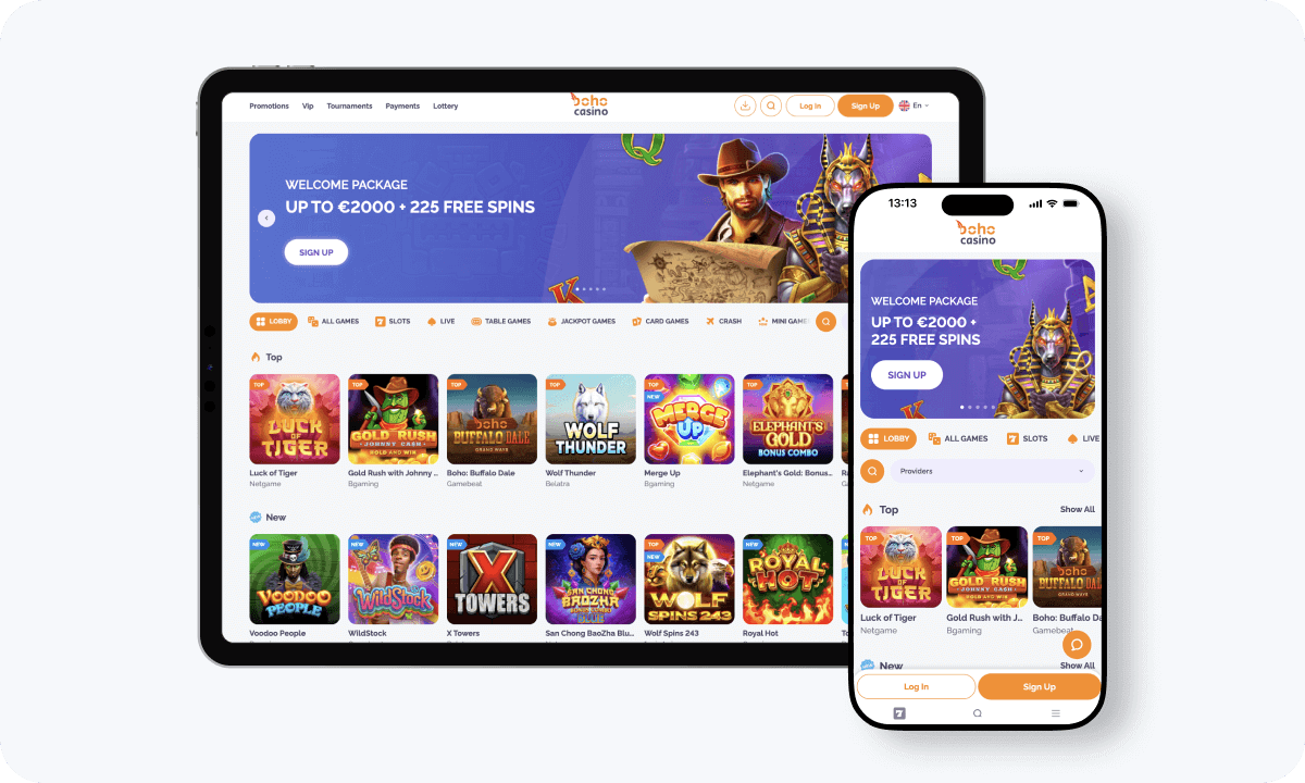 Boho Casino interface displayed on a tablet and smartphone
