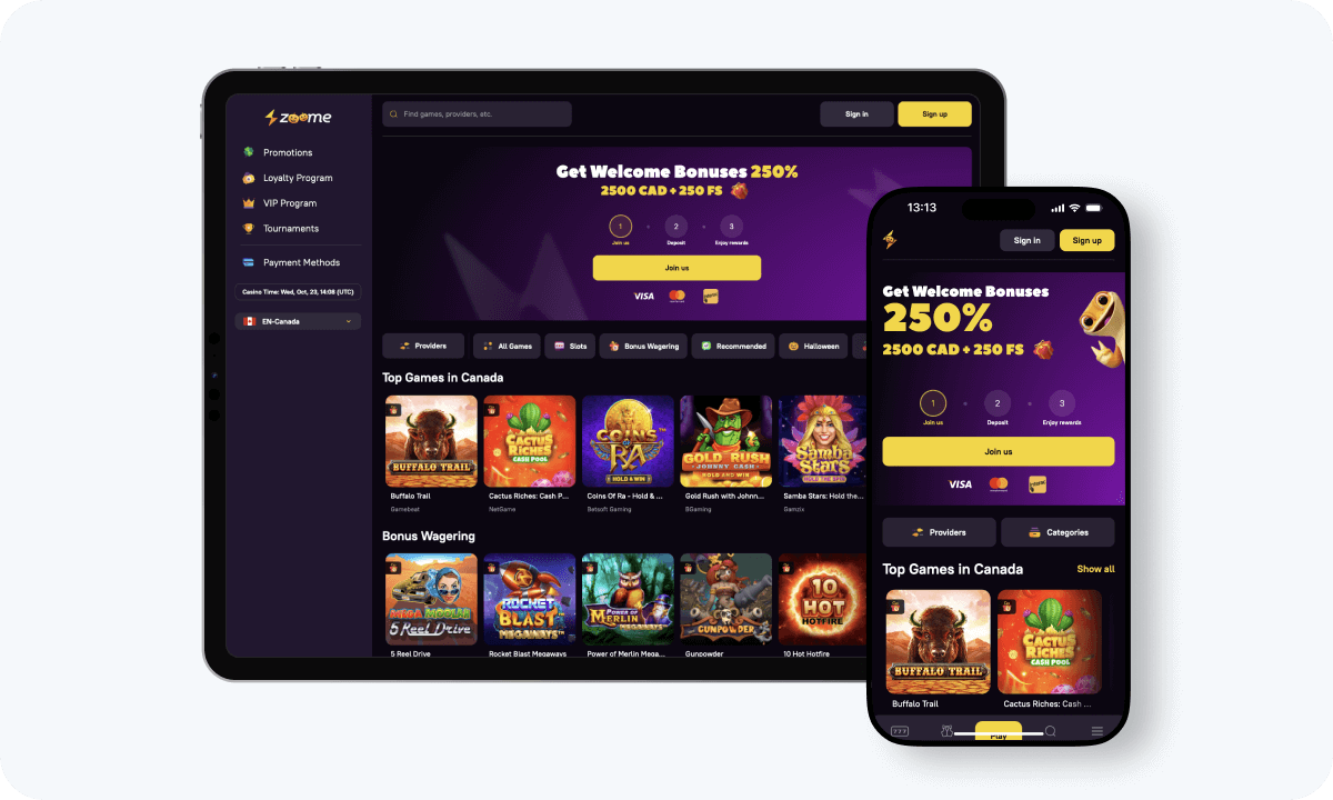 Zoome Casino interface displayed on a tablet and smartphone