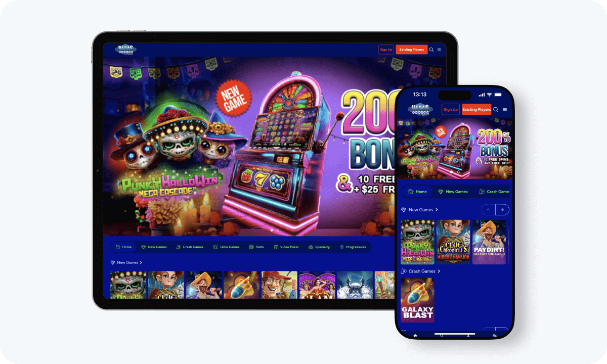Vegas Online Casino interface displayed on a tablet and smartphone