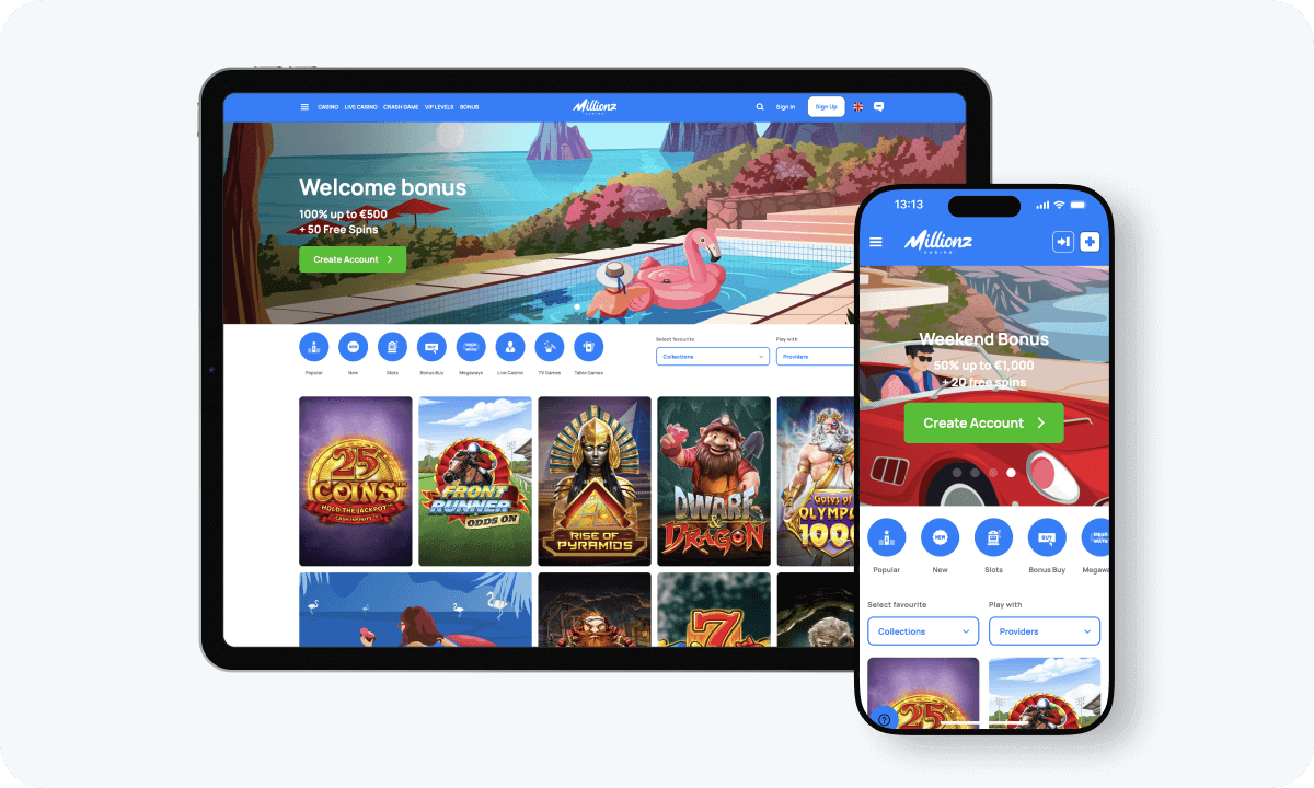 Millionz Casino interface displayed on a tablet and smartphone