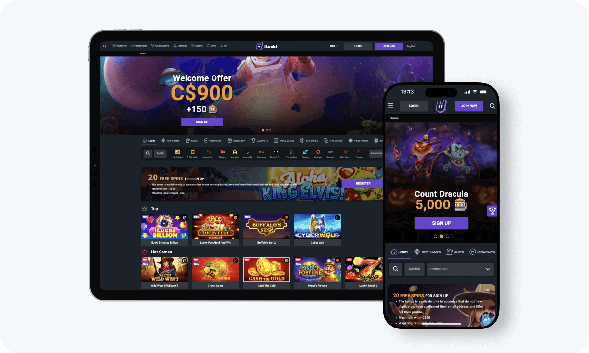 iLucki Casino interface displayed on a tablet and smartphone