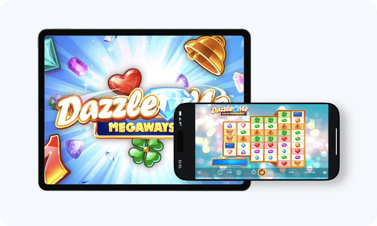 Dazzle Me Megaways slot interface and logo on tablet and smartphone