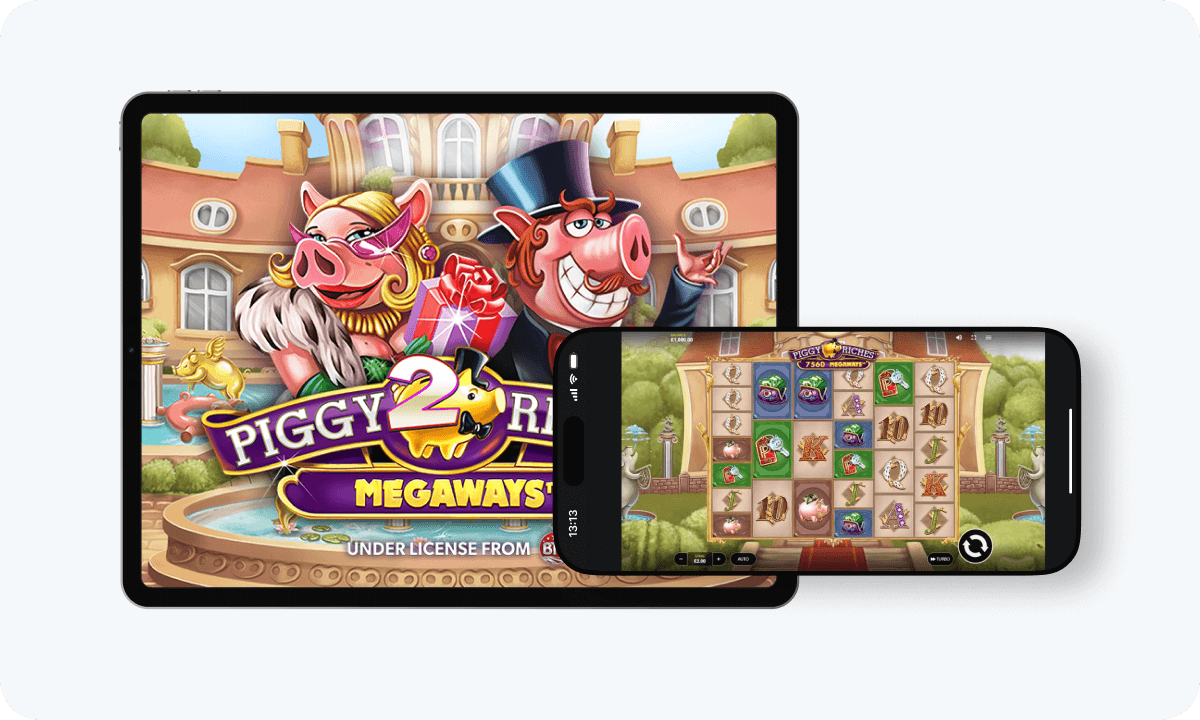 Piggy Riches Megaways slot interface and logo on tablet and smartphone