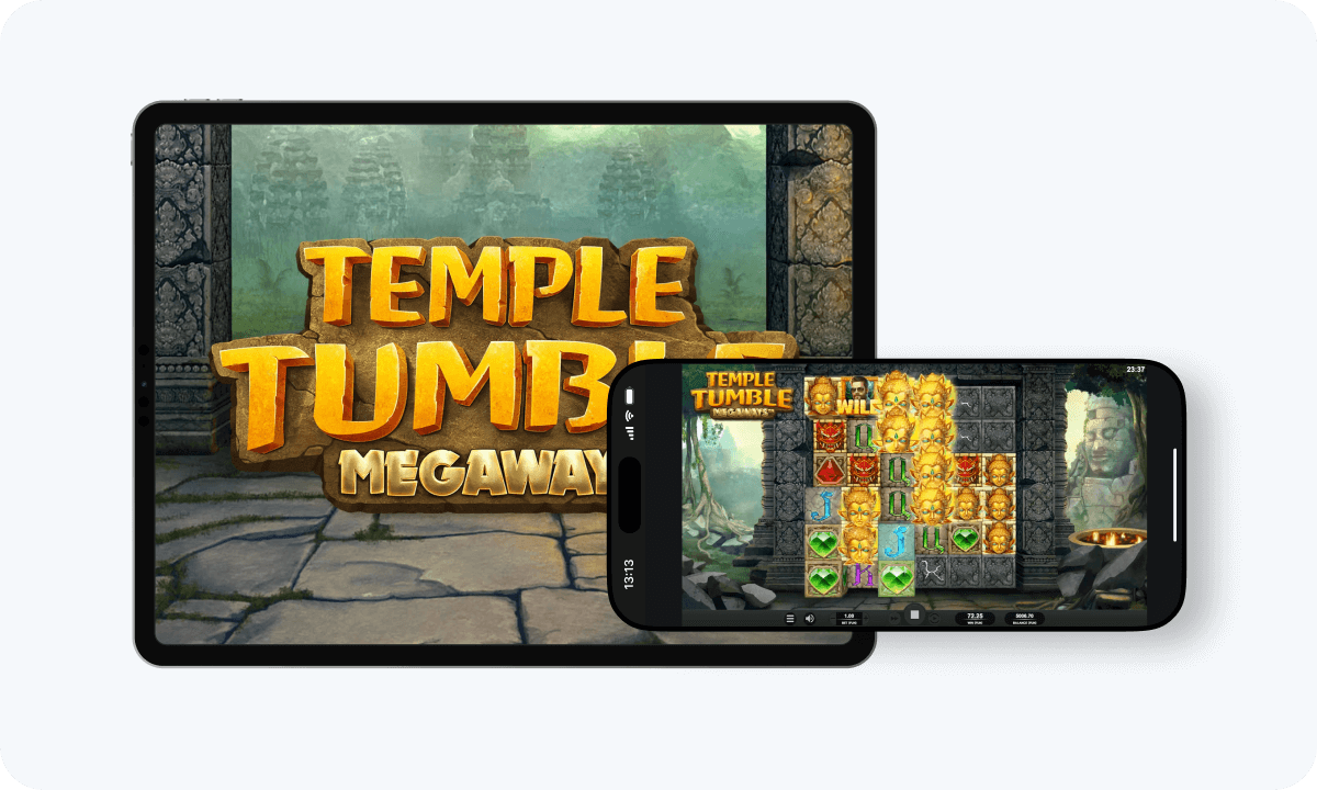 Temple Tumble Megaways slot interface and logo on tablet and smartphone