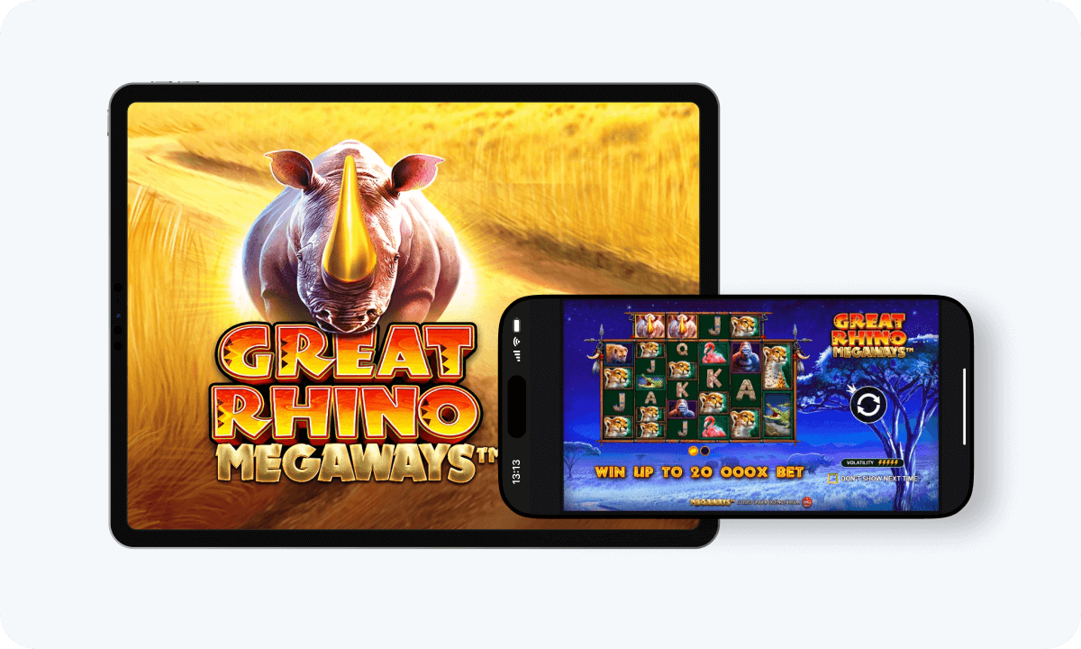 Great Rhino Megaways slot interface and logo on tablet and smartphone