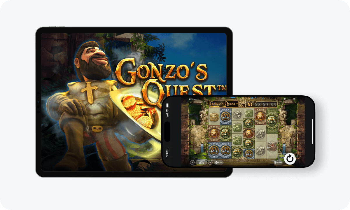 Gonzo's Quest Megaways slot interface and logo on tablet and smartphone