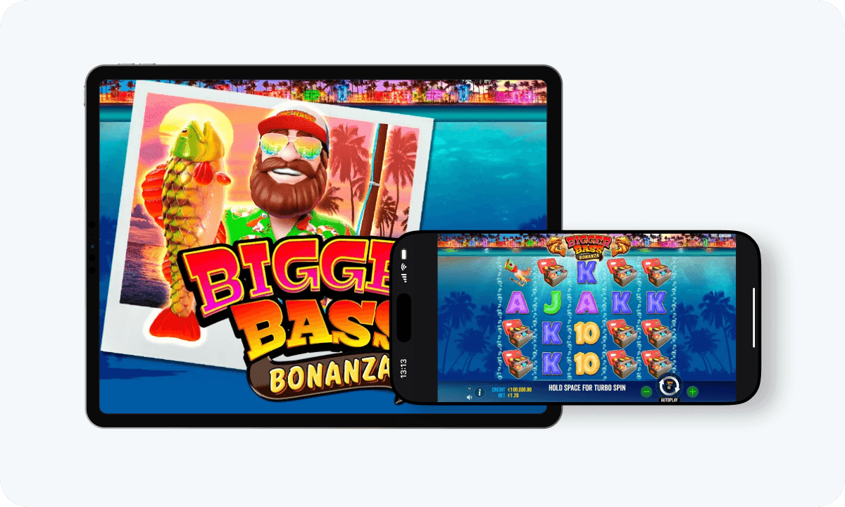 Bigger Bass Bonanza slot interface and logo on tablet and smartphone
