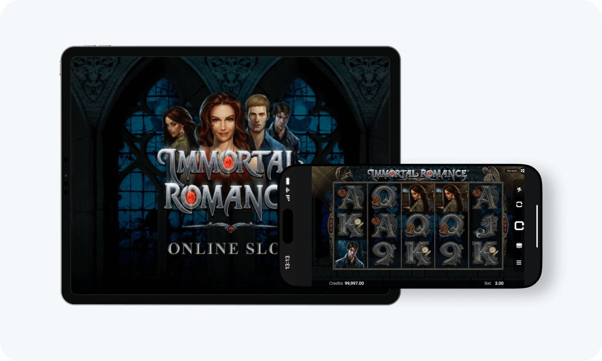 Immortal Romance slot interface and logo on tablet and smartphone