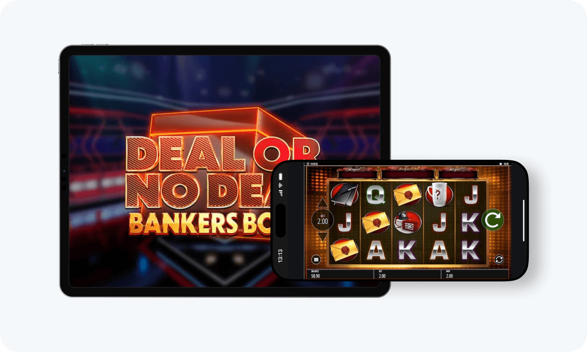 Deal or No Deal slot interface and logo on tablet and smartphone