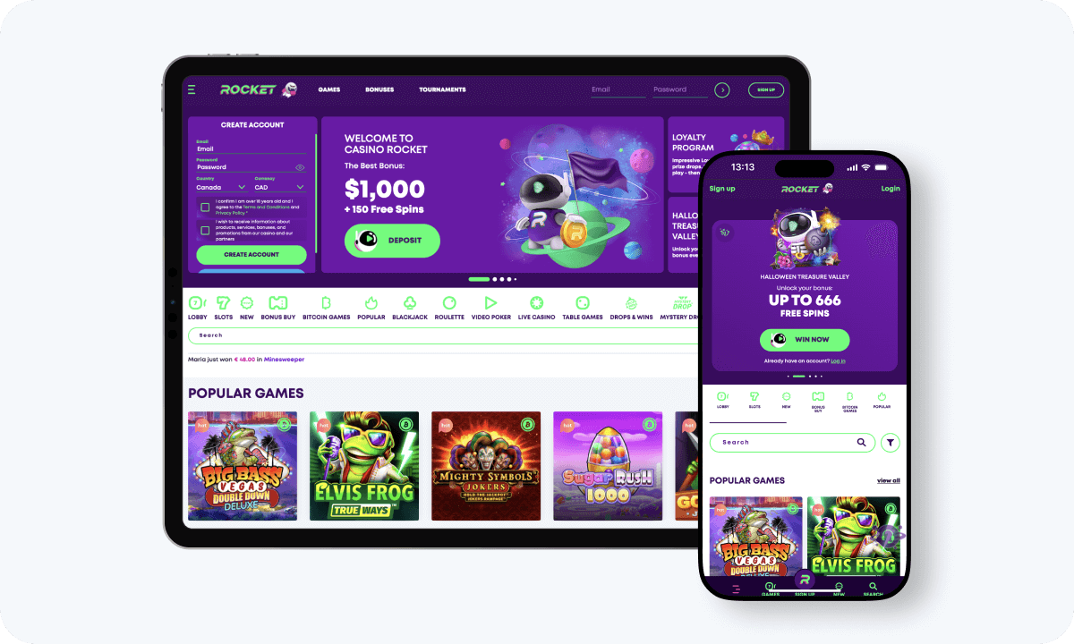 Casino Rocket interface displayed on a tablet and smartphone
