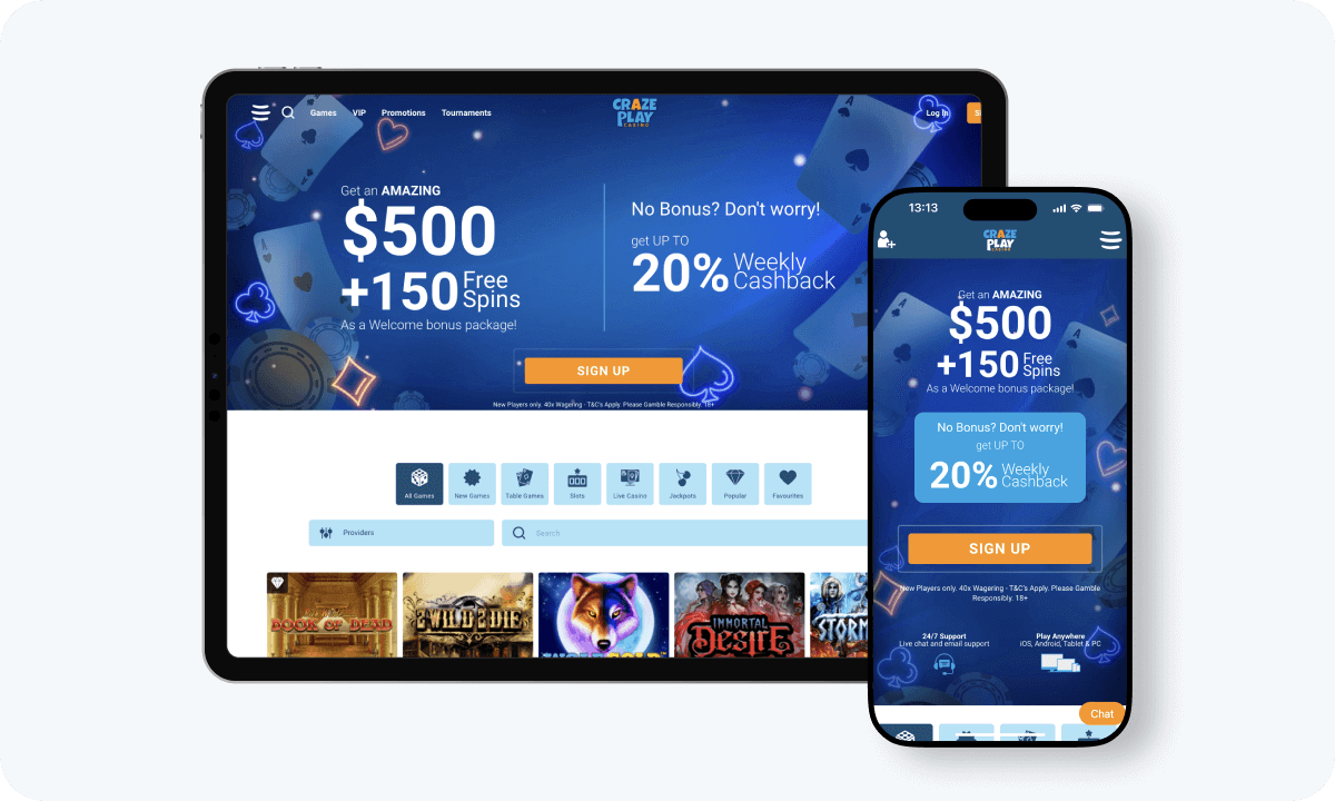 CrazePlay Casino interface displayed on a tablet and smartphone