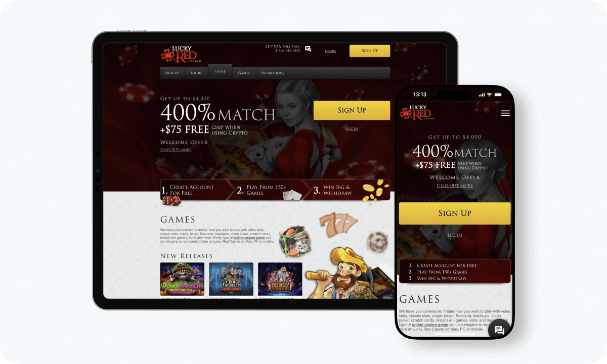 Lucky Red Casino interface displayed on a tablet and smartphone