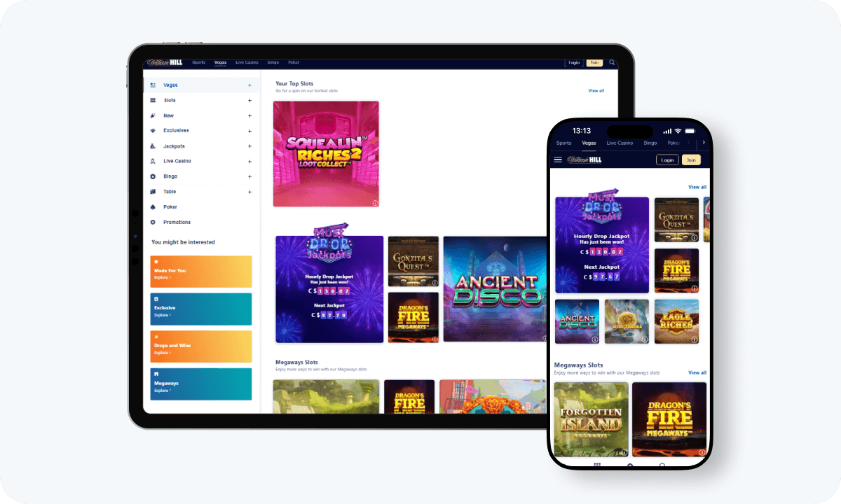 William Hill Vegas interface displayed on a tablet and smartphone